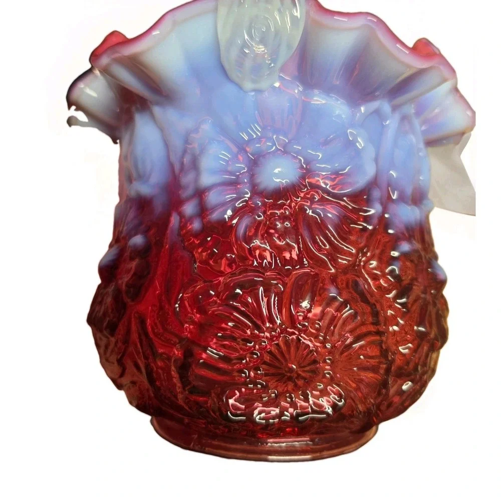 Fenton Embossed Cranberry Opalescent Victorian Language Of Flowers Poppy Basket